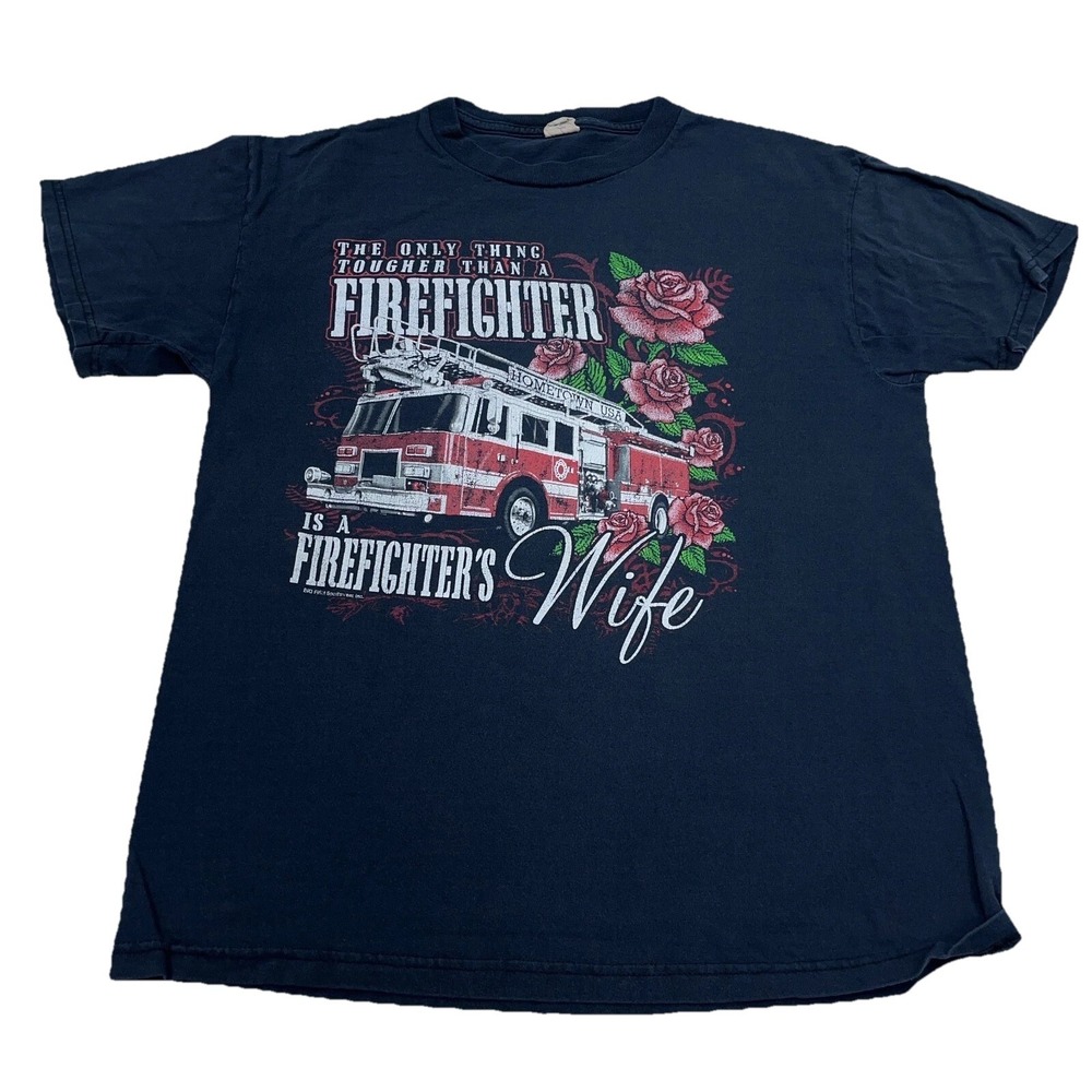 Vintage Firefighter Shirt Women‎ Medium Black Tee Wife Faded Y2K Cyber 2000s
